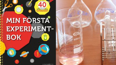En bild på bokens omslag och en bild på flera labbflaskor i glas med vätskor i. På bokens omslag är det fullt av verktyg och symboler.