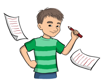 Illustrerad Mino som håller i penna.